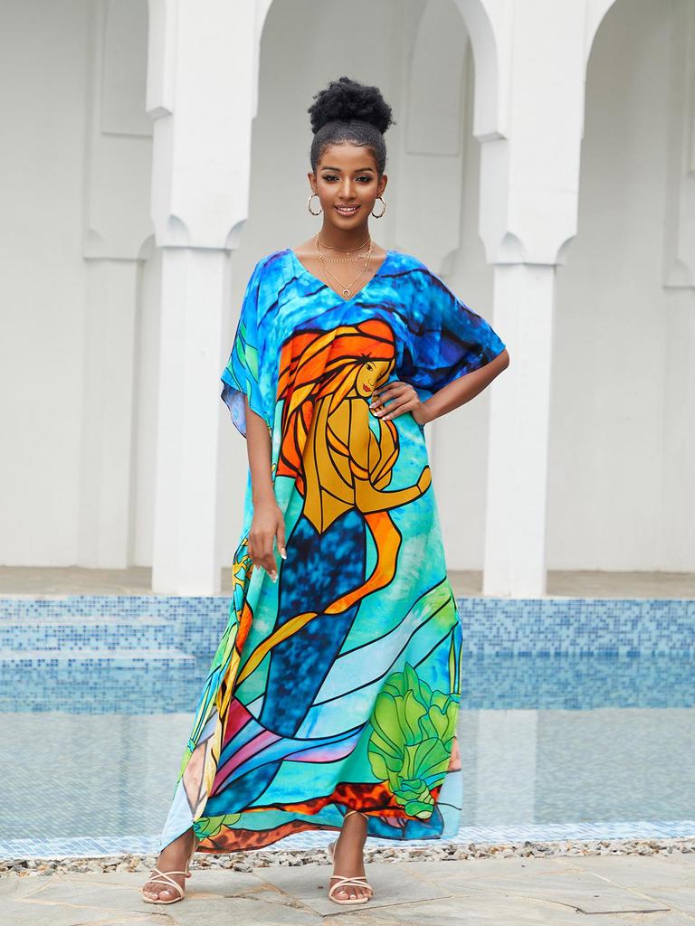 2023 European & American Cotton Beach Cover-up: Loose Robe-Style Long Dress Swimsuit Outerwear for Women