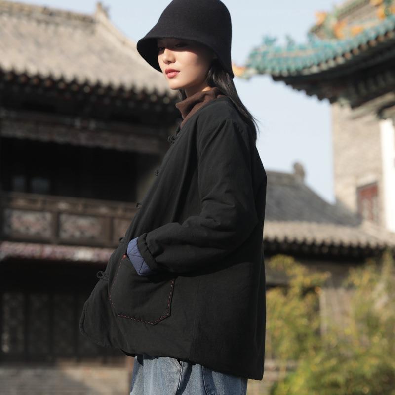 Winter new cotton and linen retro loose stand-up collar Chinese buckle hand-sewn warm top women's short cotton-padded clothes