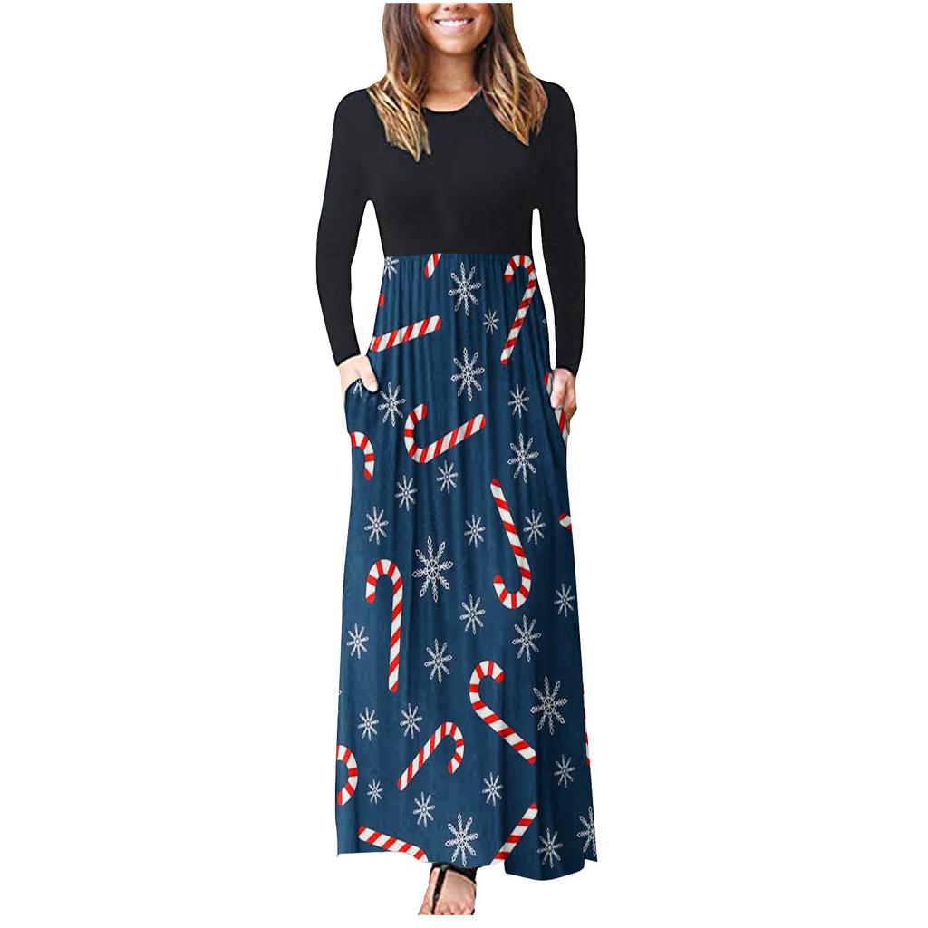 Women's Casual Long Sleeve Round Neck Christmas Print Dress