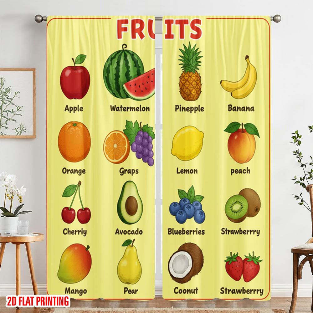 2pcs 2D Flat Printing Curtain Fruit Chart Learning Educational Polyester Without Electricity Birthday Party Use for Home Decor