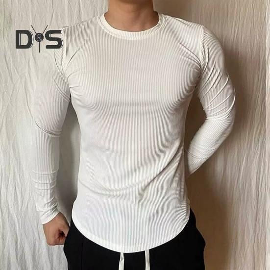 Men Sport Top Slim Fit High Elasticity Striped Texture Round Neck Quick-drying Long Sleeves Slim Fit Compression Figure Shaping Gym Running