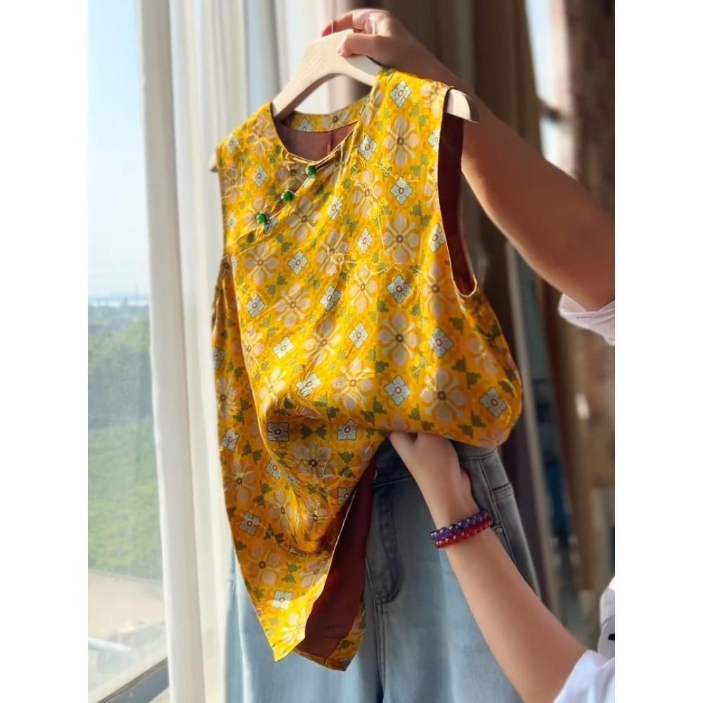 

Желтая универсальная рубашка без рукавов в стиле ретро, летняя, с диагональной планкой, с жилетом с характером M [Recommended below 50kg] жёлтый