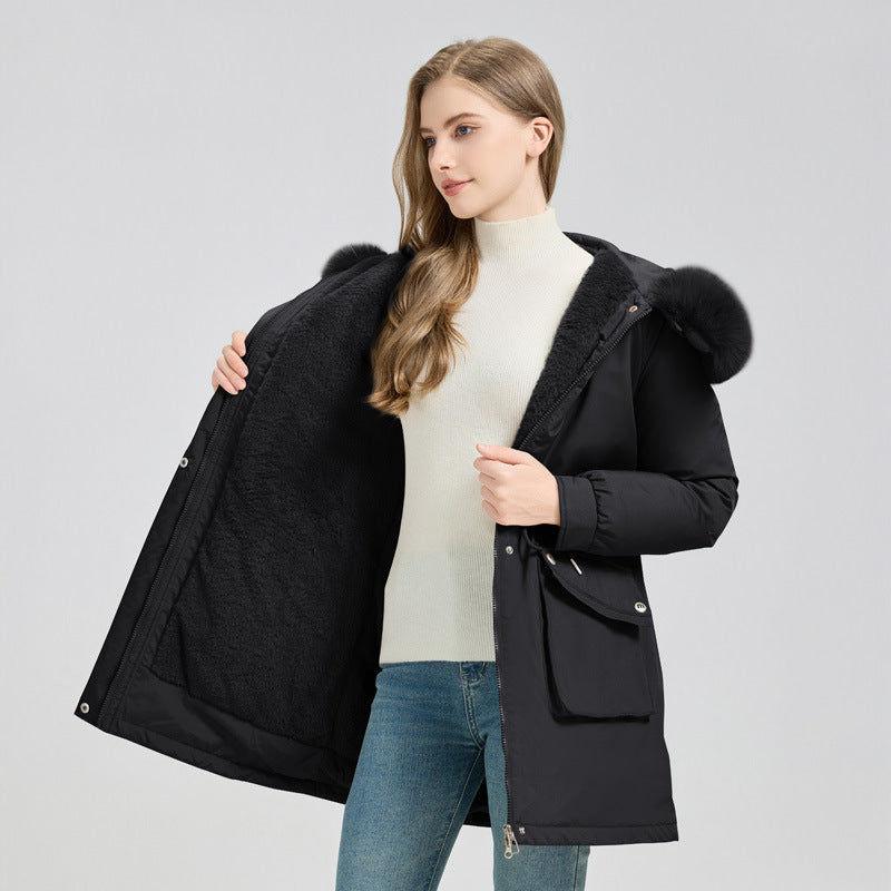 Mid Length Hooded Parka Coat Women's Winter Fur-Lined Coated Warm Cotton Coat