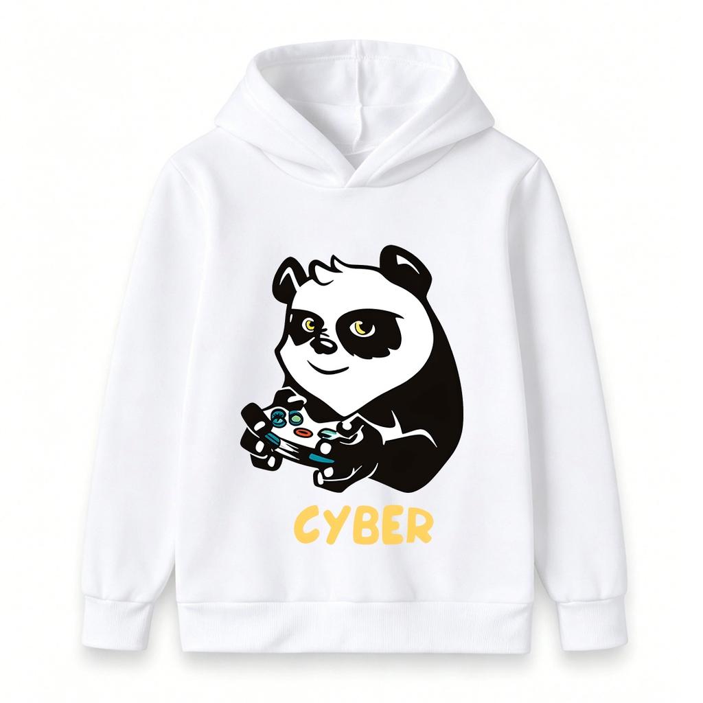 Kids Unisex Casual Hoodie, Cute Gaming Panda Cyber Print Soft Pullover Sweatshirt for Boys Girls Daily Wear