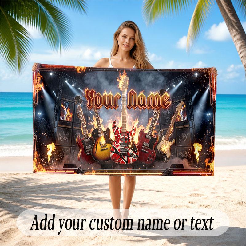 Music Guitar Theme Beach Towel Personalized Custom Name & Text Soft Quick Dry Beach Towel for Swimming Travel