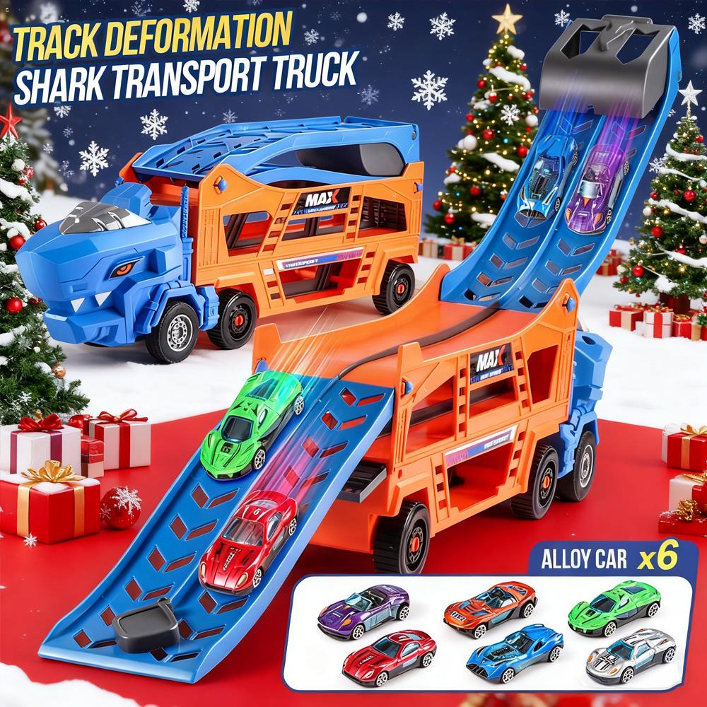 

Double-Rail Transforming Toy Truck Christmas Gift with 6 Mini Cars Color Box Packaging Perfect Holiday Surprise for Kids