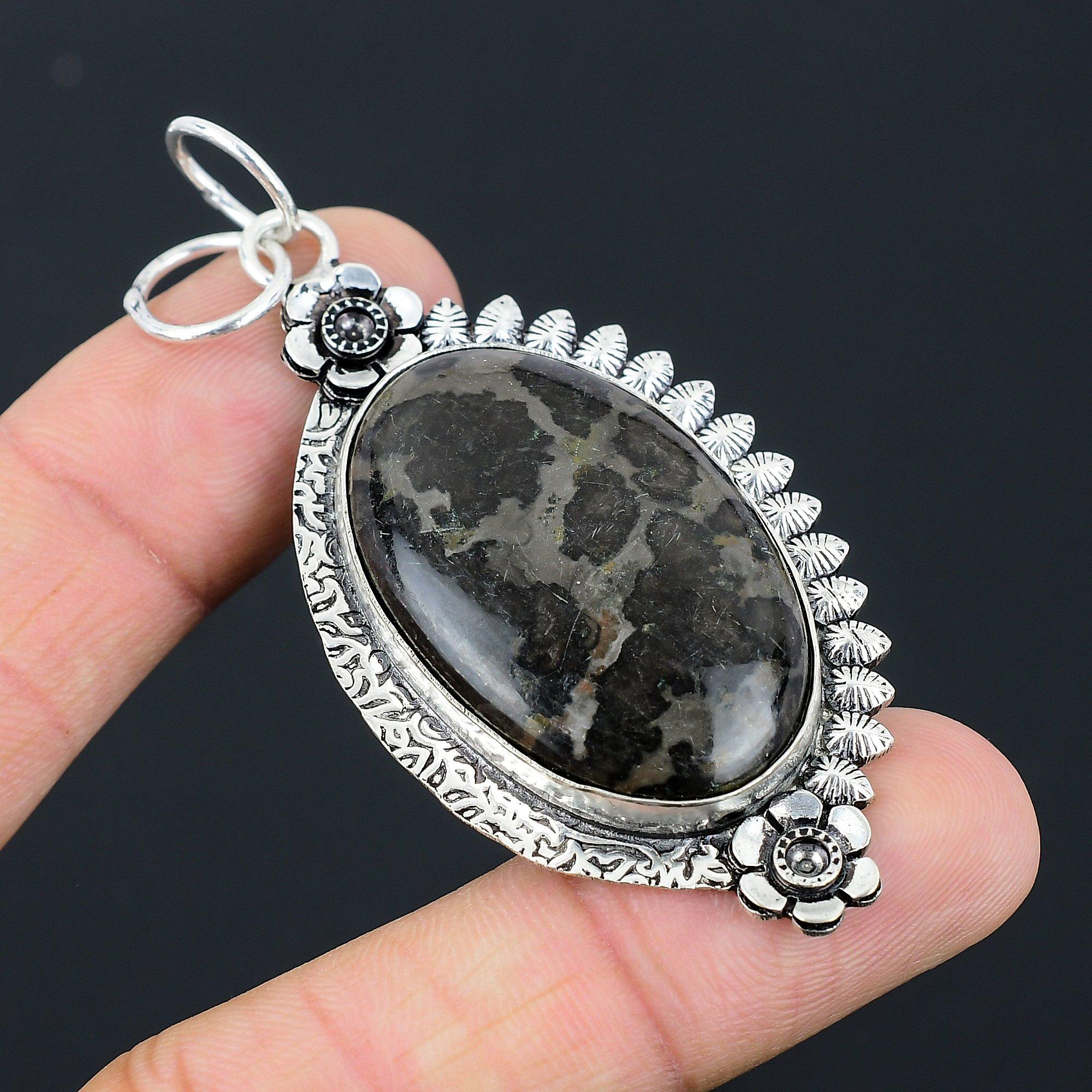 Birthday Gift For Her Natural Gabbro Jasper Gemstone Pendant Flower 925 Silver