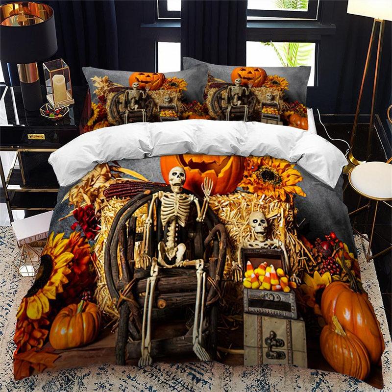 Halloween Duvet Cover King Microfiber Medieval Haunted Castle With Garden Pumpkins Dark Clouds Scary Nights Print Bedding Set