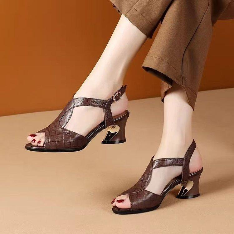 Fish mouth sandals women's low heel summer new versatile medium heel thick heel outer wear soft sole rear strap women's shoes