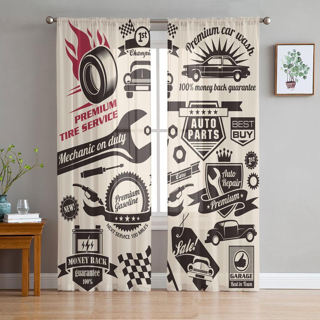 Car Service Mechanic Maintenance And Automobile Repair Rusty Metal Plates Tulle Sheer Curtains Living Room Voile Organza Curtain