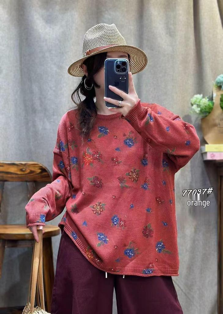 Women's Retro Artistic Loose Knit Sweater - Round Neck Cotton Pullover for Fall 2026