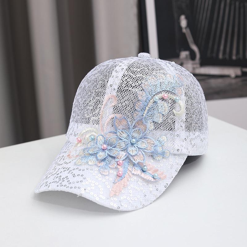 Women S Mesh Baseball Cap Floral Embroidery Sequins Beaded Breathable Summer Sun Hat Adjustable