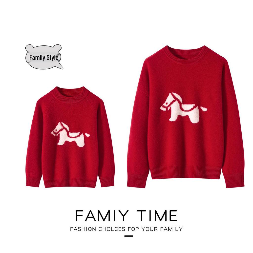100% Wool New Year Sweater with Little Horse Pattern, Thickened Red Knit Pullover