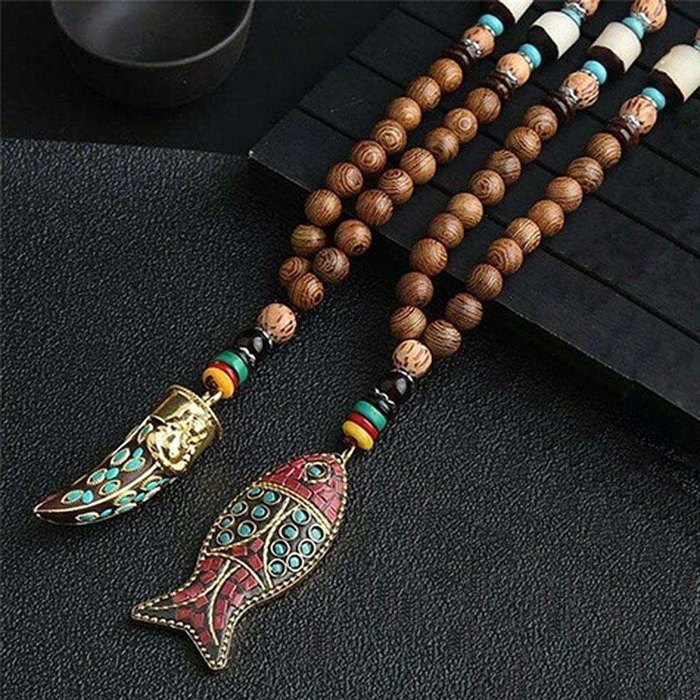 Women Handmade Horn Nepal Buddhist Mala Necklace Long Necklace Wood Beads Pendant