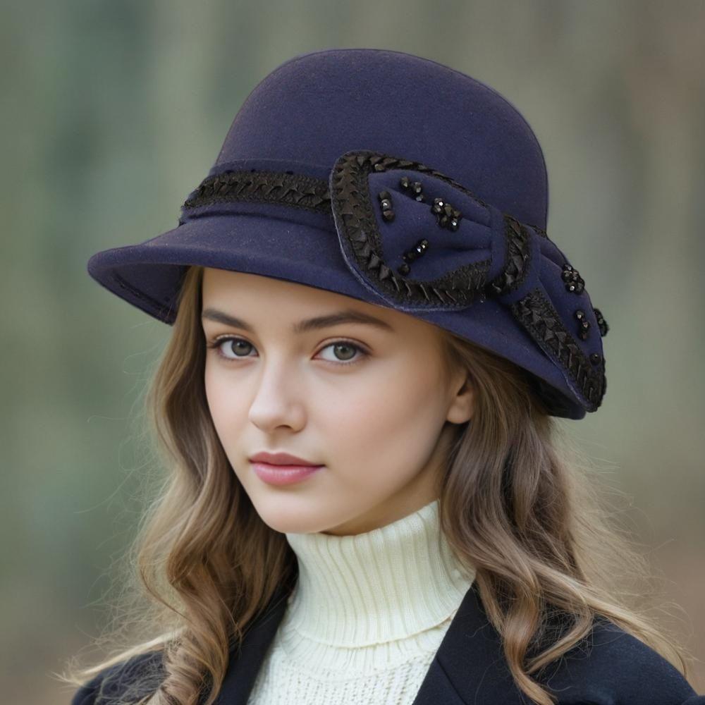 Bow Autumn and Winter Ladies Hat Wool Fashion Winter Top Hat Basin Hat Bucket Hat British Retro