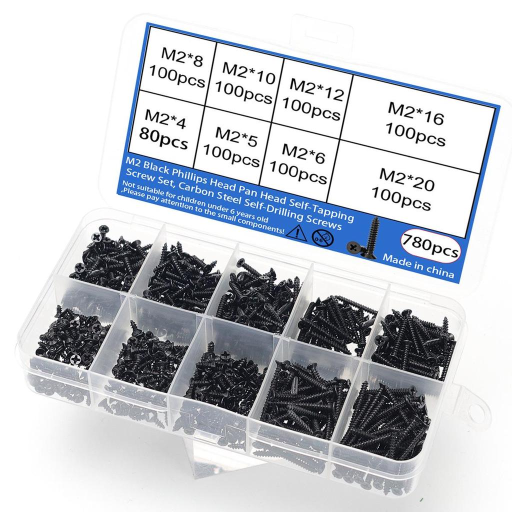 780pcs M2 Black Phillips Head Self-Tapping and Self-Drilling Screws with National Standard Certification