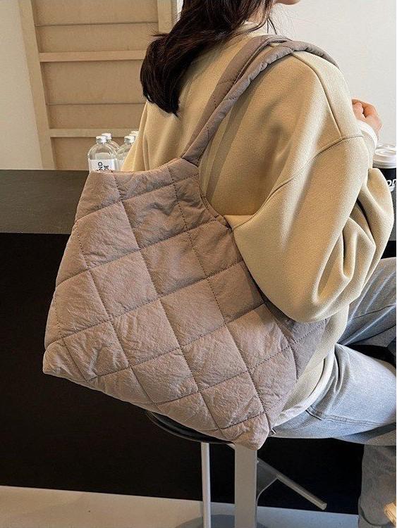 Korean Style Quilted Cotton Tote Bag - Large Capacity, Casual Shoulder Bag for Autumn/Winter 2025.