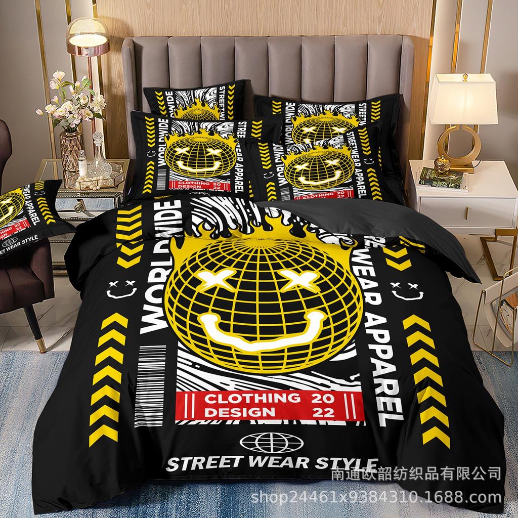 Heiß verkaufte 3D Digitaldruck Hip-Hop Graffiti Smiley Gesicht Bettwäsche Kissenbezug Bettbezug Dreiteiliges Set