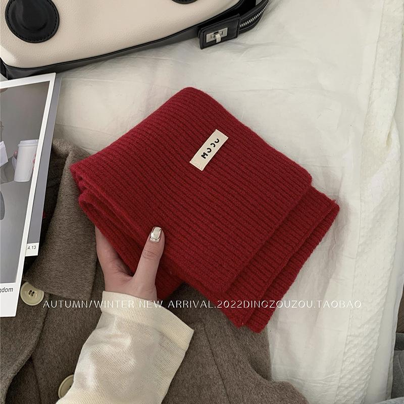 Solid color wool scarf women's autumn and winter warm versatile white student knitted scarf tide