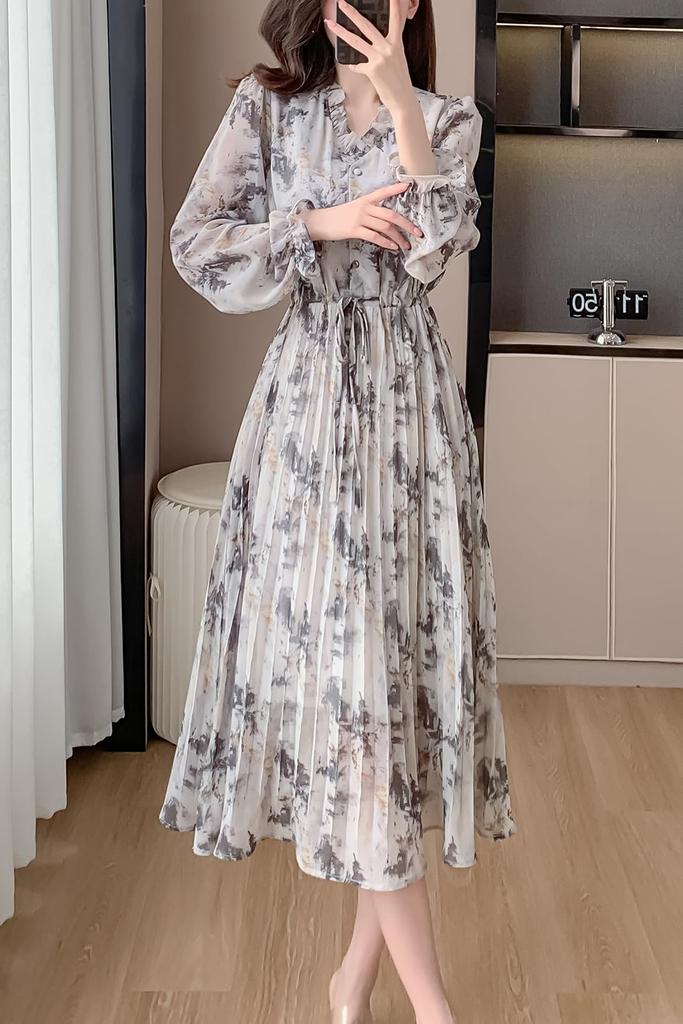 Spring Long Floral Flared Elegant [Chubikime] Women's Dress, Sleeve, Chiffon, V-Neck, Ruffle, A-Line Dress, Print, Dress, Pleated, Stylish,