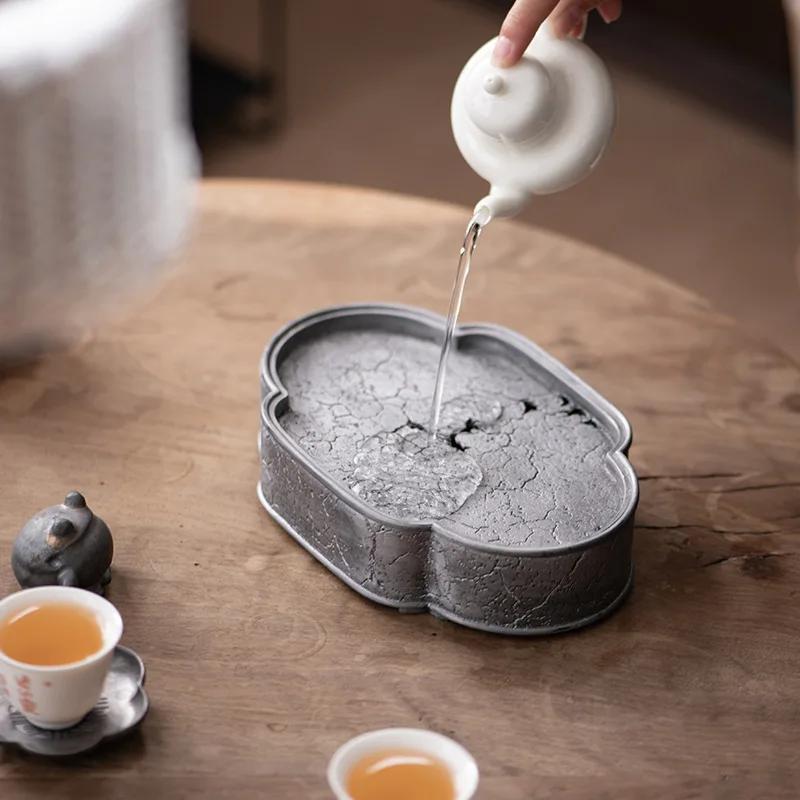 Reinzinn Alter Topf Tablett Retro Japanischer Stil Kung Fu Teegeschirr Trockenguss Tisch Teeteller Wassertropfenbehälter Teetablett Teetisch