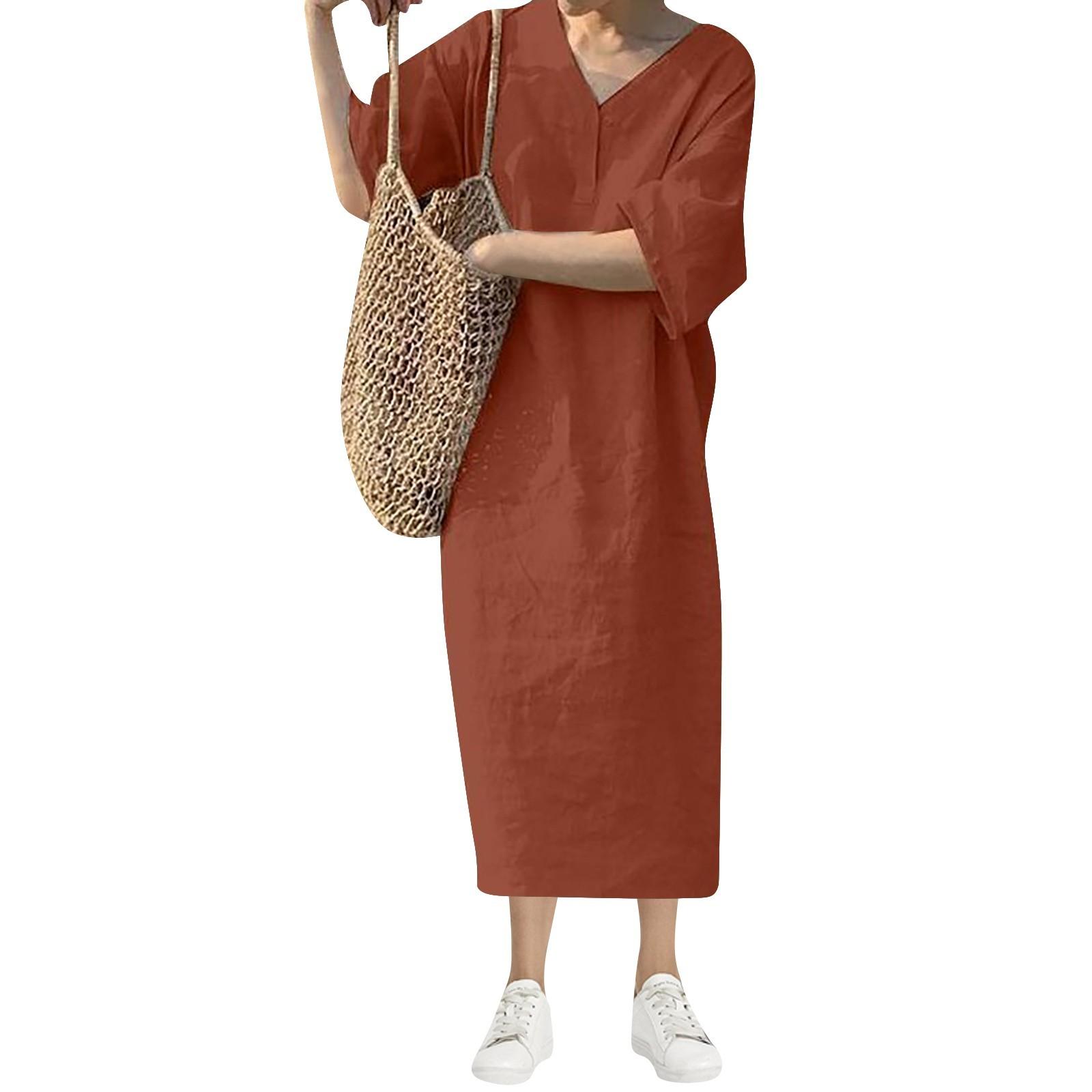 

Ladies Summer New Fashion Casual Loose Short Sleeve V-neck Color Long Vest Dress XXXXXL винний