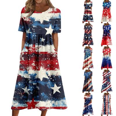 Women’s Casual Printed Short Sleeve Crew Neck Pocket Midi Dress Loose Fit Comfortable Summer Style