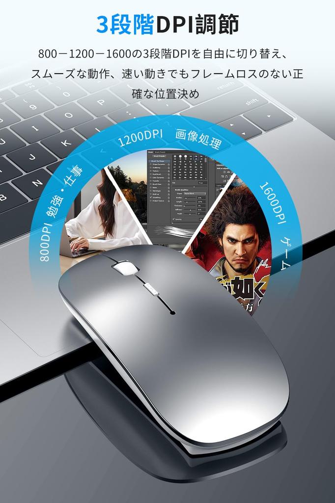 Rechargeable Bluetooth Wireless 3dpi TELEC Compatible with and Smartphones Mouse, 2.4GHz Optical, Switchable, Quiet, Slim, Compact, High-Precision,