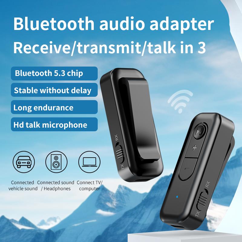 

2-в-1 Bluetooth 5.3 Приймач аудіопередавача 3,5 мм AUX нашийник-затискач з мікрофоном Бездротовий адаптер для автомобіля Літак ТВ ПК Автомобіль