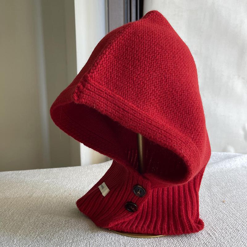 Pure Wool Balaclava Women's Winter Knitted Warm Ear Protection Hat Scarf Integrated Hooded Neck Scarf