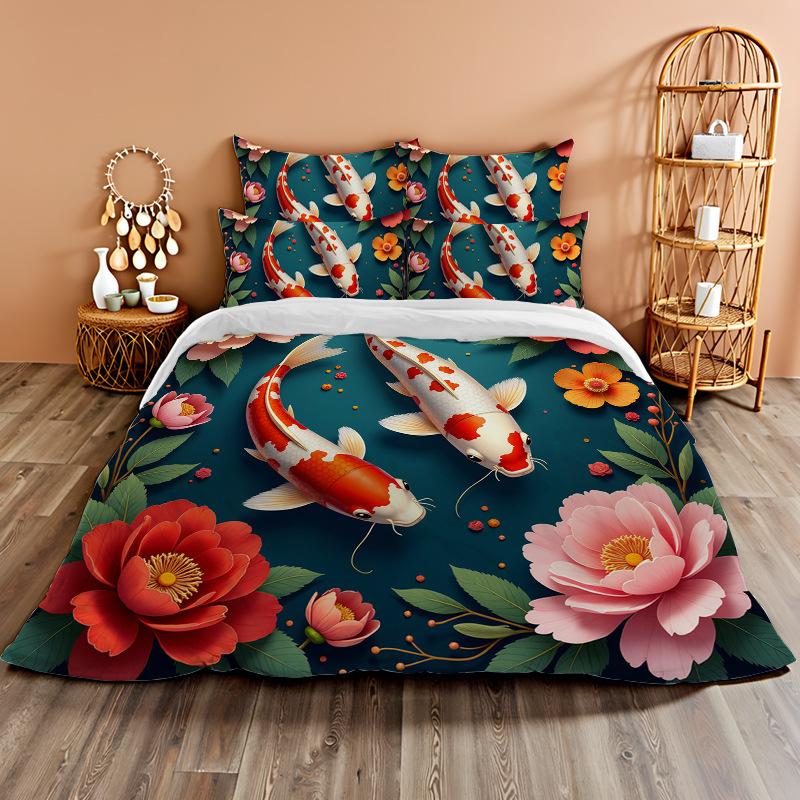 3D Digital Printing Bedding Two Or Three-Piece Set Koi Rich Flower Polyester Quilt Cover