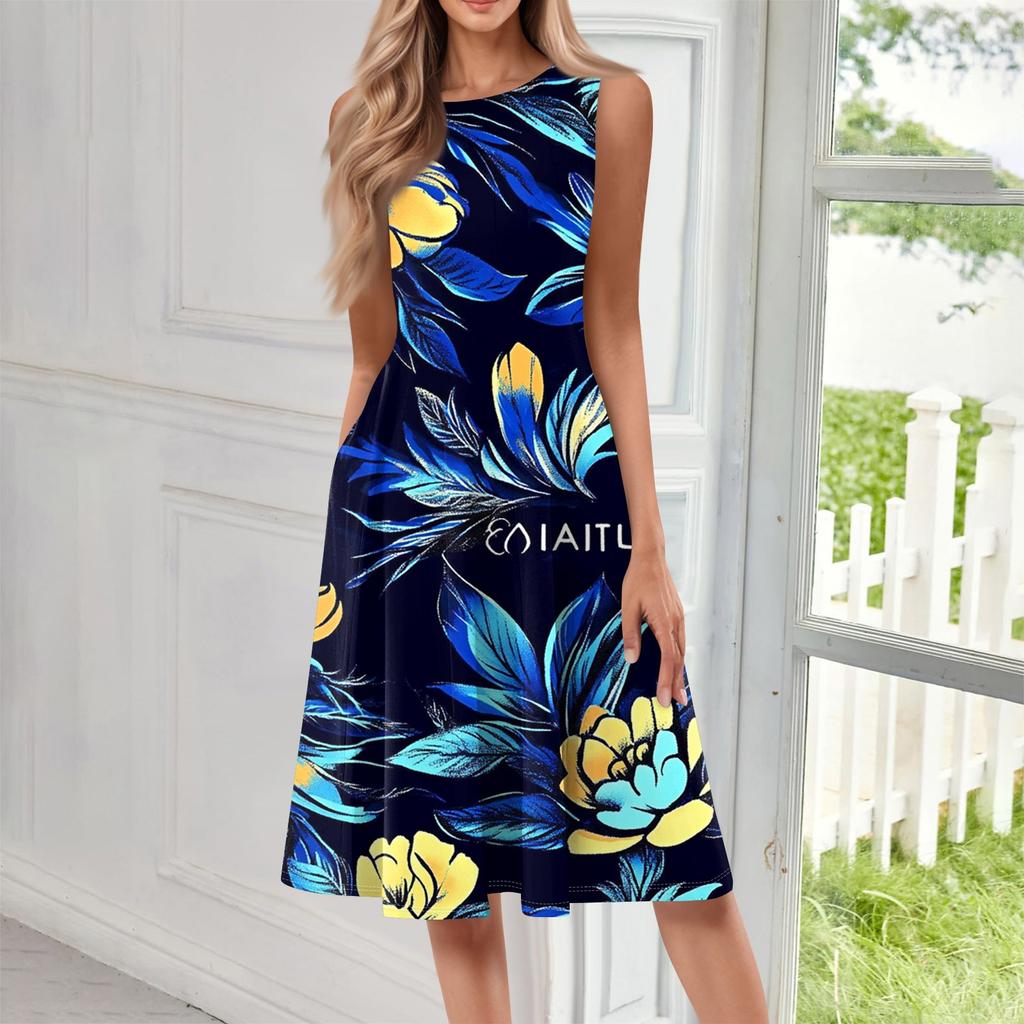 Women's Casual Fashion Floral Print Round Neck Sleeveless Midi Dress