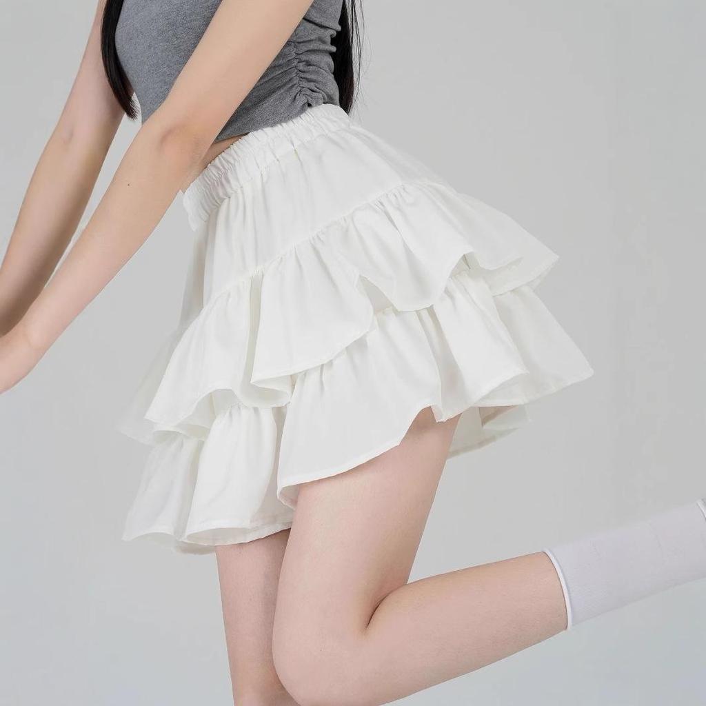 White Ruffle Puff Dress - Women's Summer Ballet Style Short High Waist A-Line Skirt