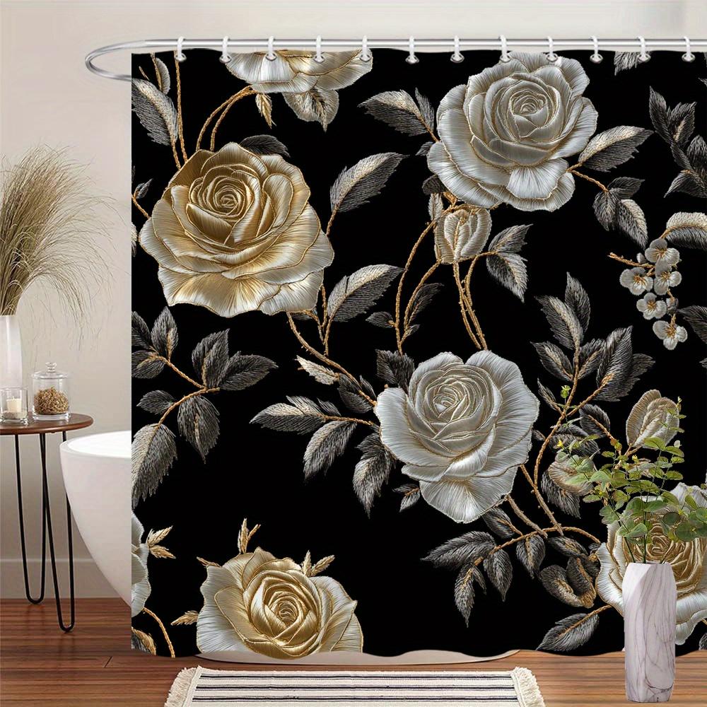 Black Floral Curtain - Gold & Silver Roses, Green Leaves, Metallic Accents, Baroque Style, Polyester,  Machine Washable