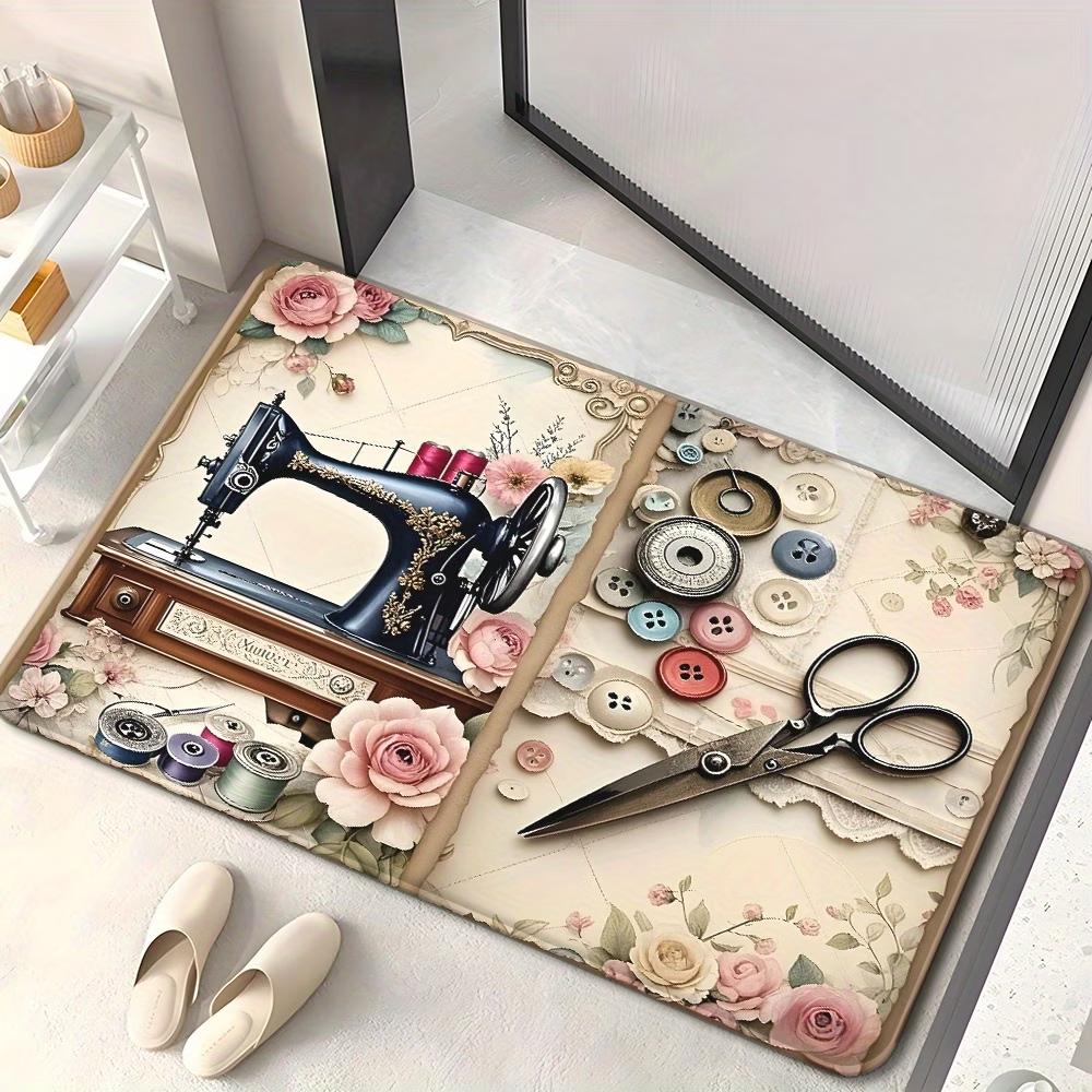 Vintage Sewing Machine Print Doormat Retro Floral Scissors Design Non Slip Floor Mat for Sewing Room