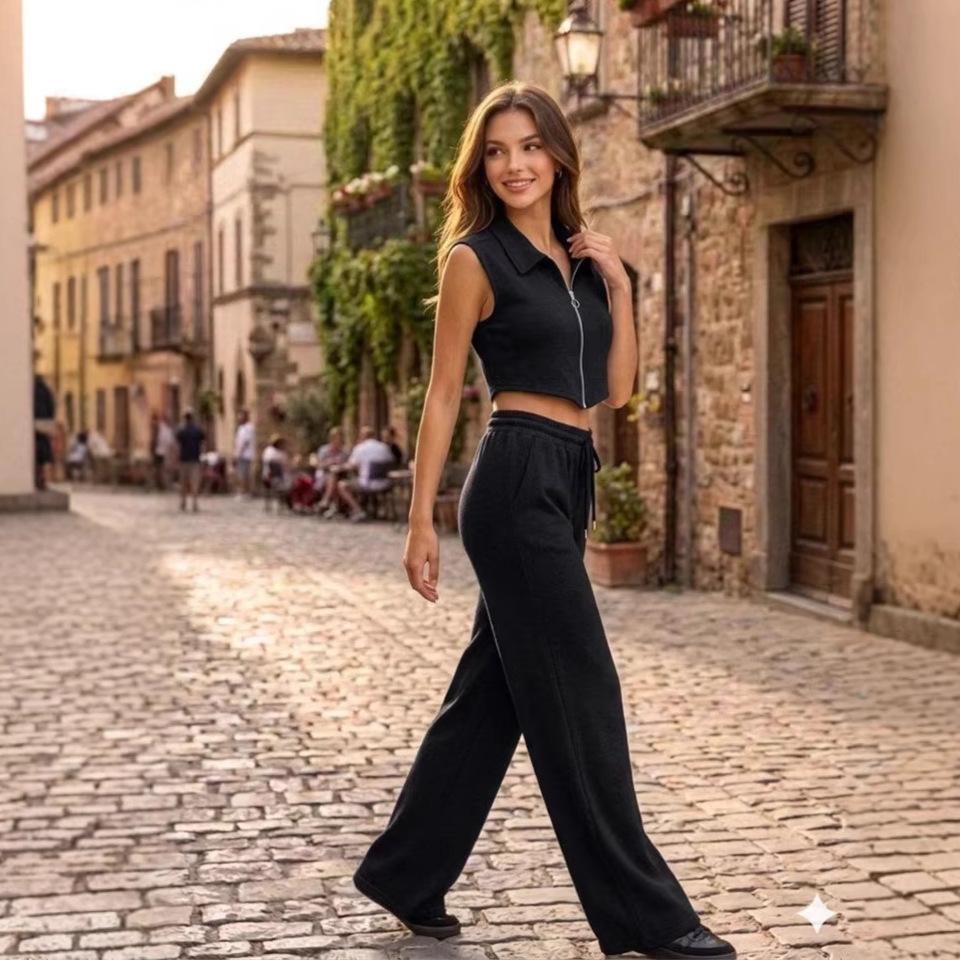 

Women s Summer Casual Sleeveless Vest Zipper Cardigan Long Pants 2 Piece Set S чёрный