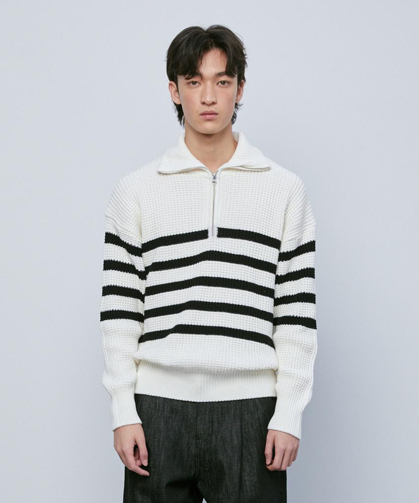 KNITTED Soft Cotton Heavy Waffle Half Zip Knit Stripe Ivory
