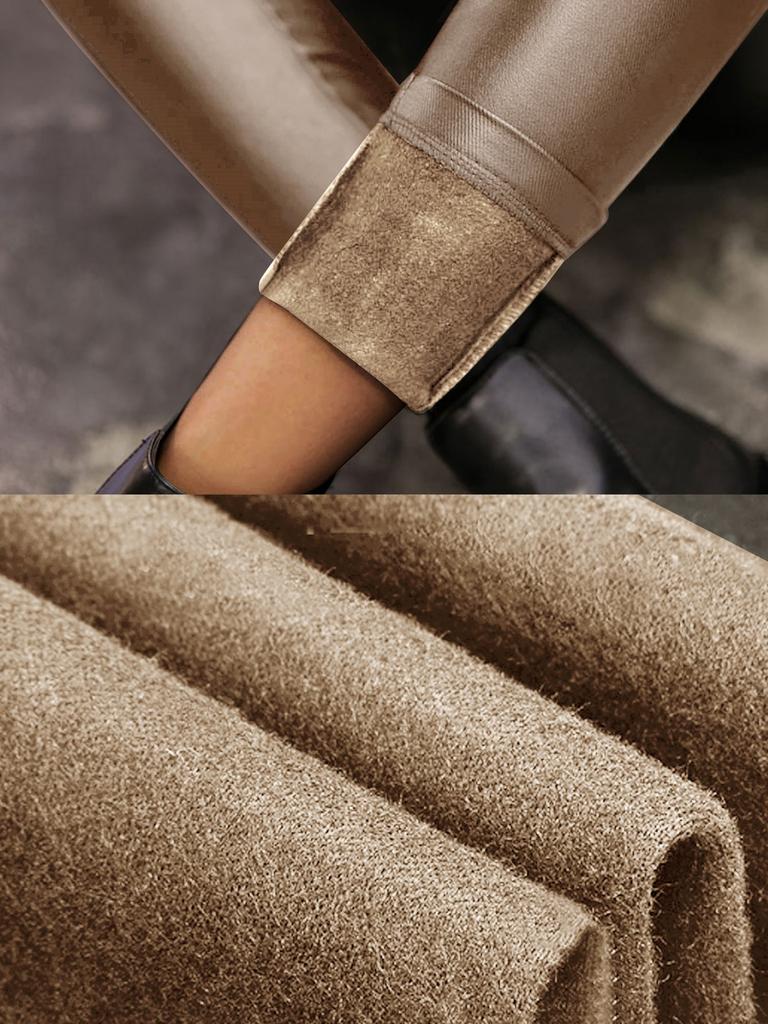 Rose Beauty A Winter Warm Women Pants High Waist Thermal Lined PU Leather Skinny Cropped Trousers