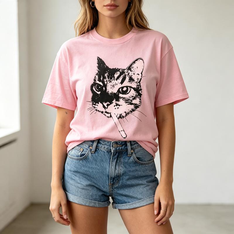 Smoking Cat Graphic T Shirt Vintage Black White Cat Face Print Unisexs Unisexs Soft Cotton Crew Neck Top