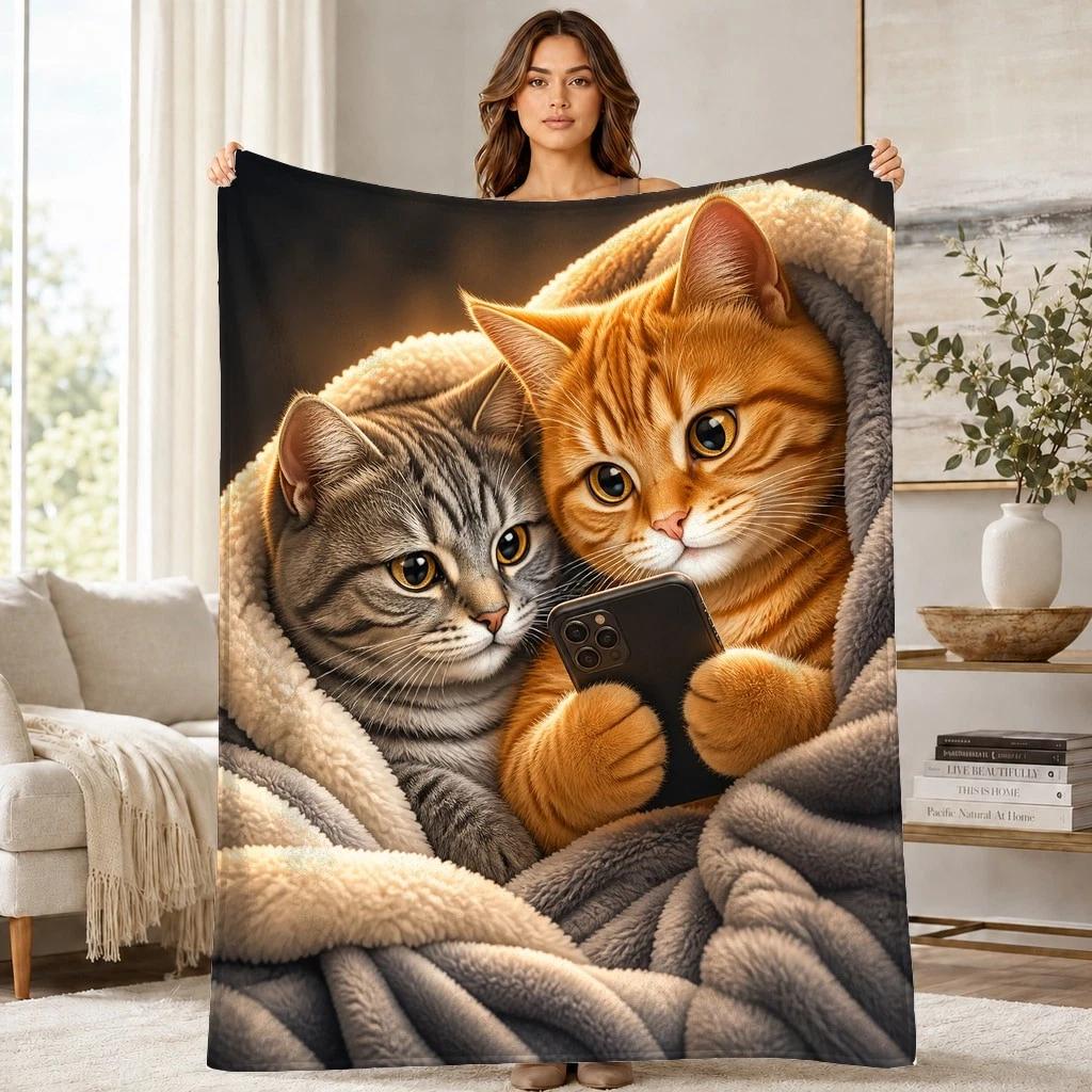 Cozy Cat Duo With Phone Coral Fleece Blanket