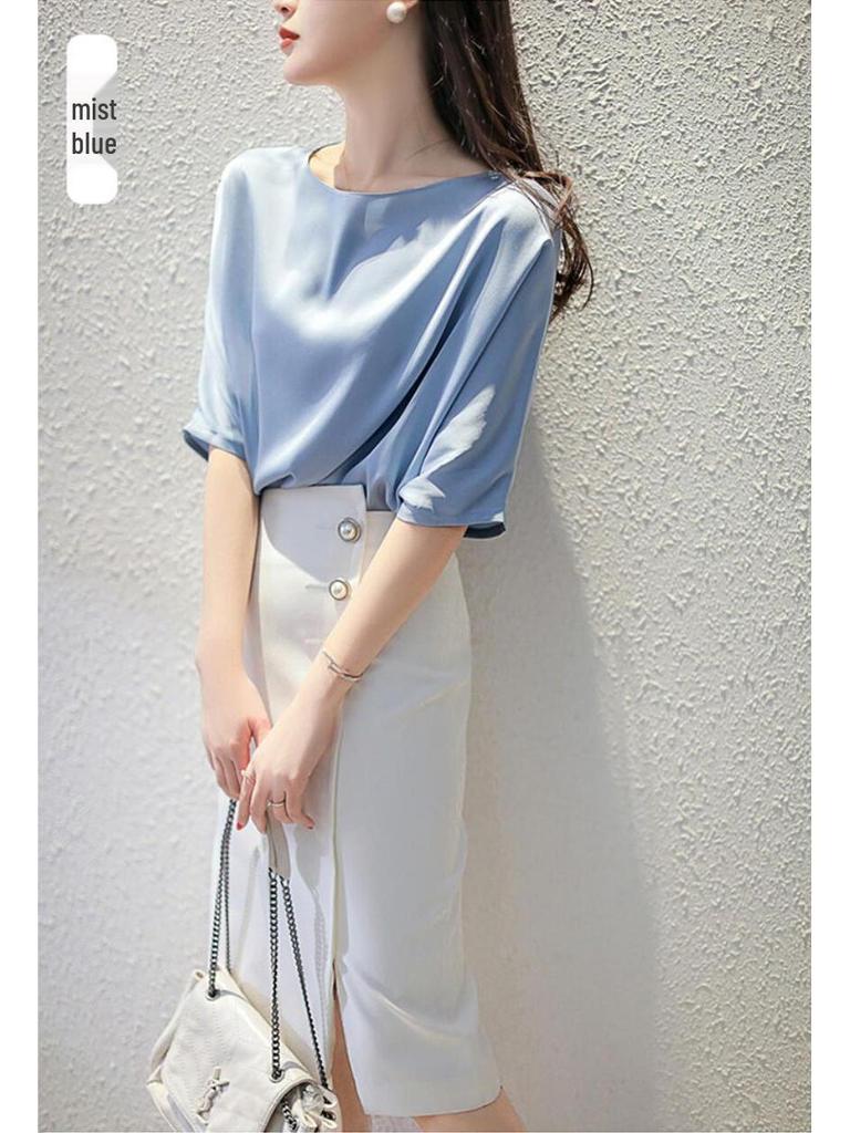 Korean Style Satin Three-Quarter Sleeve Women's Slimming Top