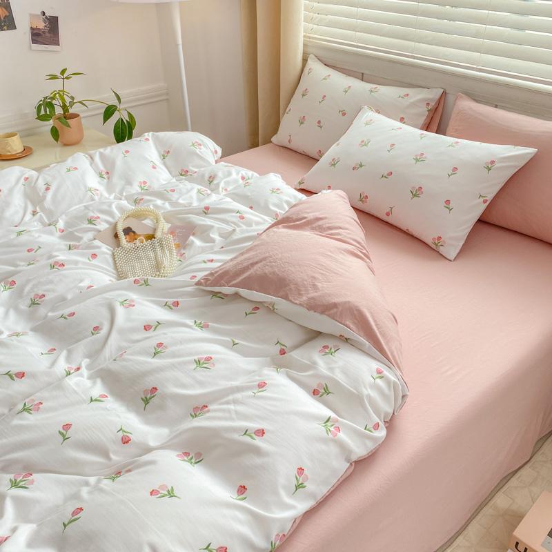 Korean Style Bedding Set Red Heart Twin Queen Size Duvet Cover Flat Sheet Pillowcase Bed Linen Kids Adult Fashion Home Textile