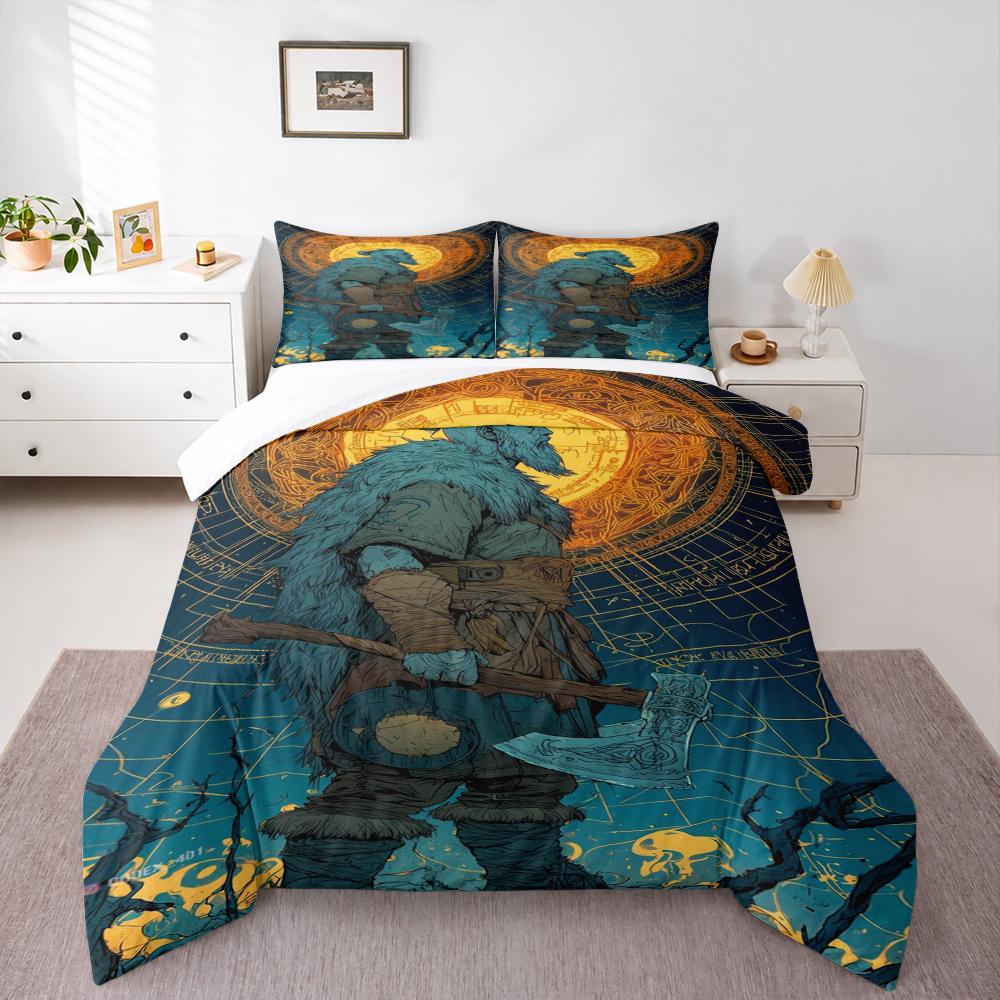 3 Piece Bedding Set Viking Warrior Axe Sun Compass Blue Duvet Cover for Men Fan Gift