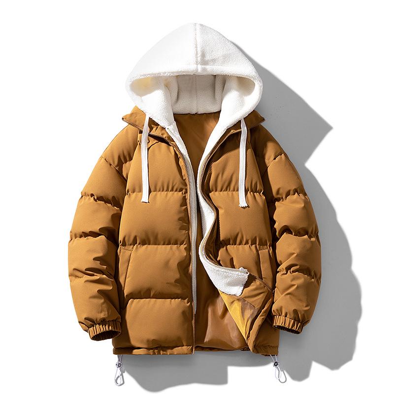 

Cross2025 Autumn Winter Korean Style Lambswool Patchwork Hooded Jacket: Versatile Loose-Fit Men s Cotton Coat XL