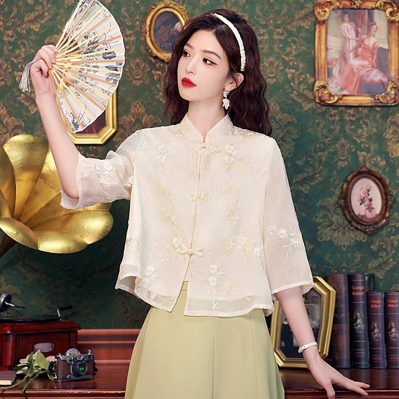 New Summer Fashion Chinese Style Embroidery Chiffon Blouse Shirt Women Tops Blouses Shirts J330