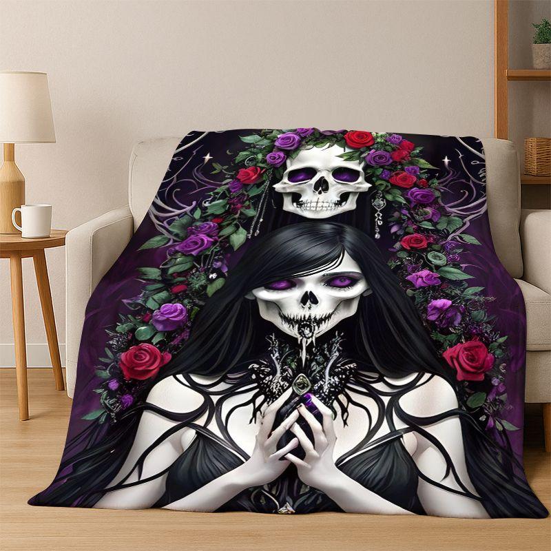 Gothic Skull Dead Girl Cartoon Horror Flannel Blanket Soft Warm Throw Blanket for Bedroom Living Room Bed Travel Camping Picnic