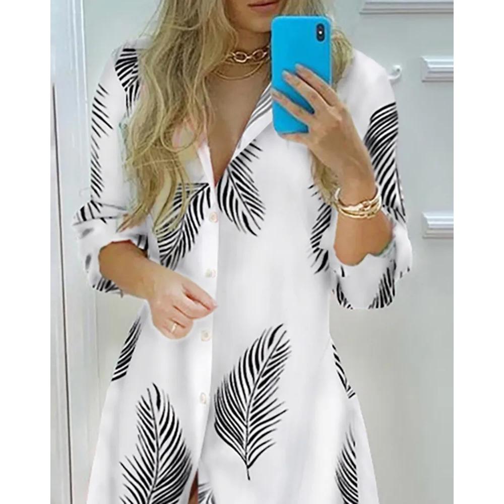 Frühling Herbst Sexy Polokragen-Shirtkleid Damen Langarm Retro-Stil Personalisiertes Druckkleid Lässiges Shirtkleid