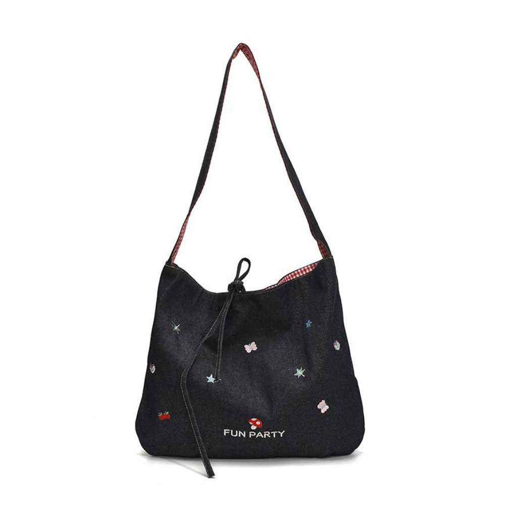 

Korean Style Denim Shoulder Bag Cartoon Dog Bohemian Messenger Bag Double Sided Plaid Bag Women Style A