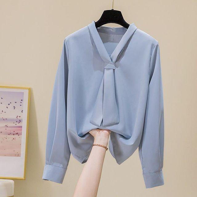 

Весенне-осенняя новая модная шифоновая рубашка, женская свободная повседневная однотонная блузка с длинными рукавами, L-4XL 4XL синий