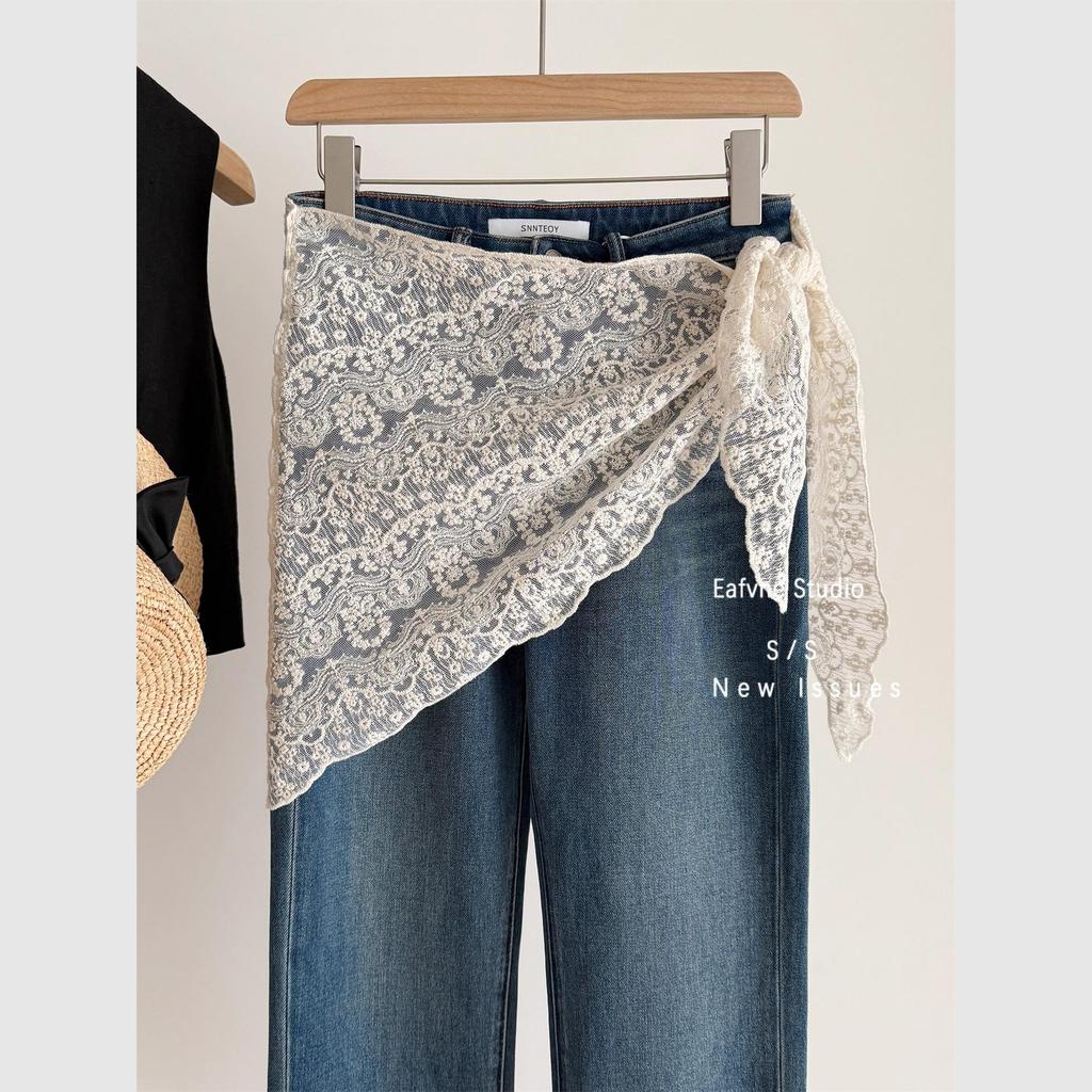 Dámská korejská béžová krajková pletená šála - Lehká prolamovaná trojúhelníková šála na léto